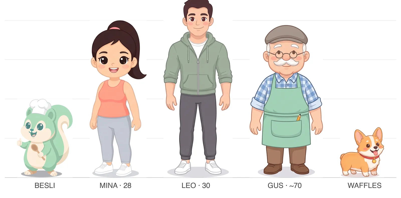The cast lined up to scale: Besli the green squirrel, Mina, Leo, Gus the grocer and Waffles the corgi