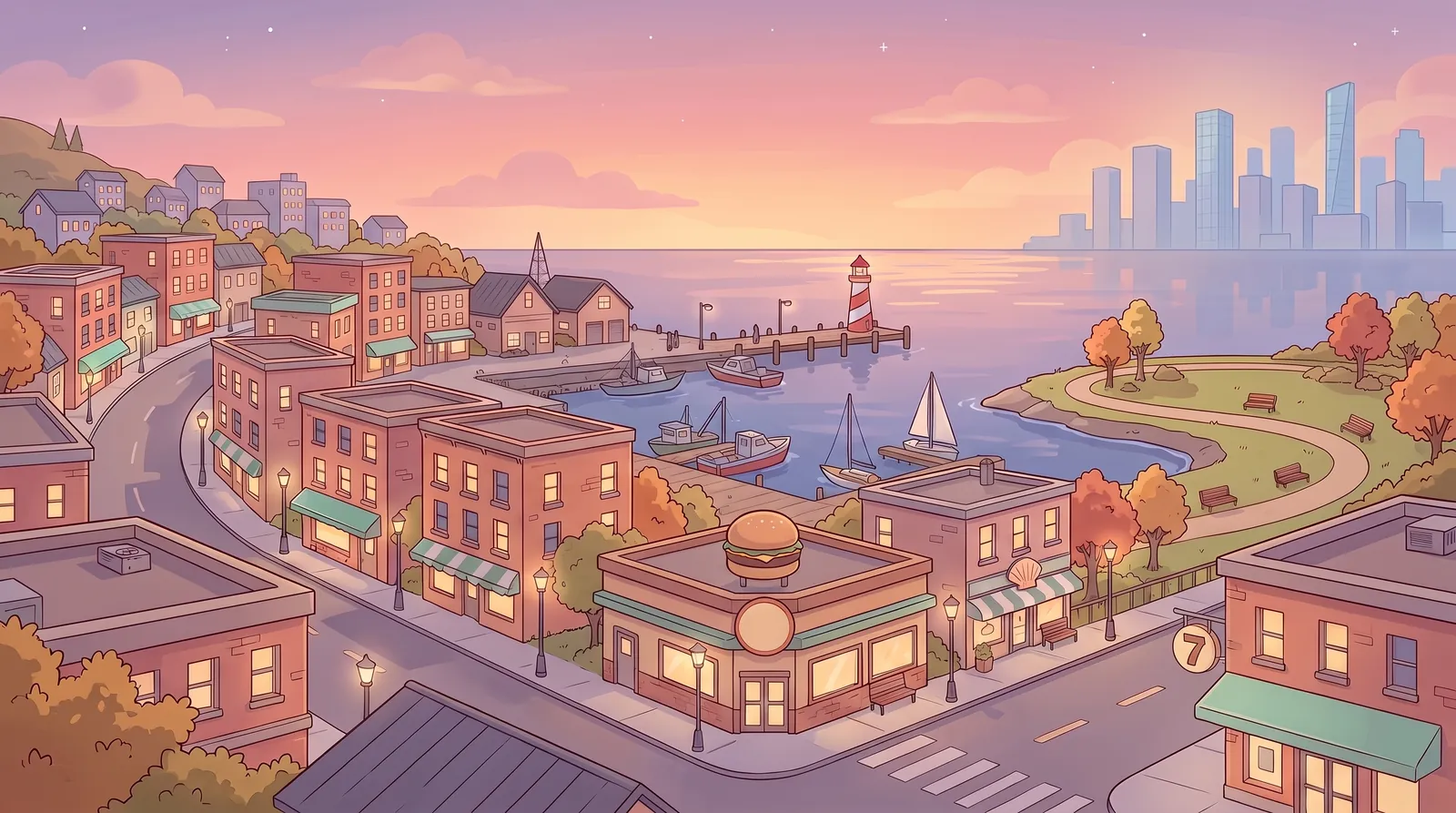 Illustration of Port Clementine: a harbor town with brick buildings, boats and a lighthouse at sunset