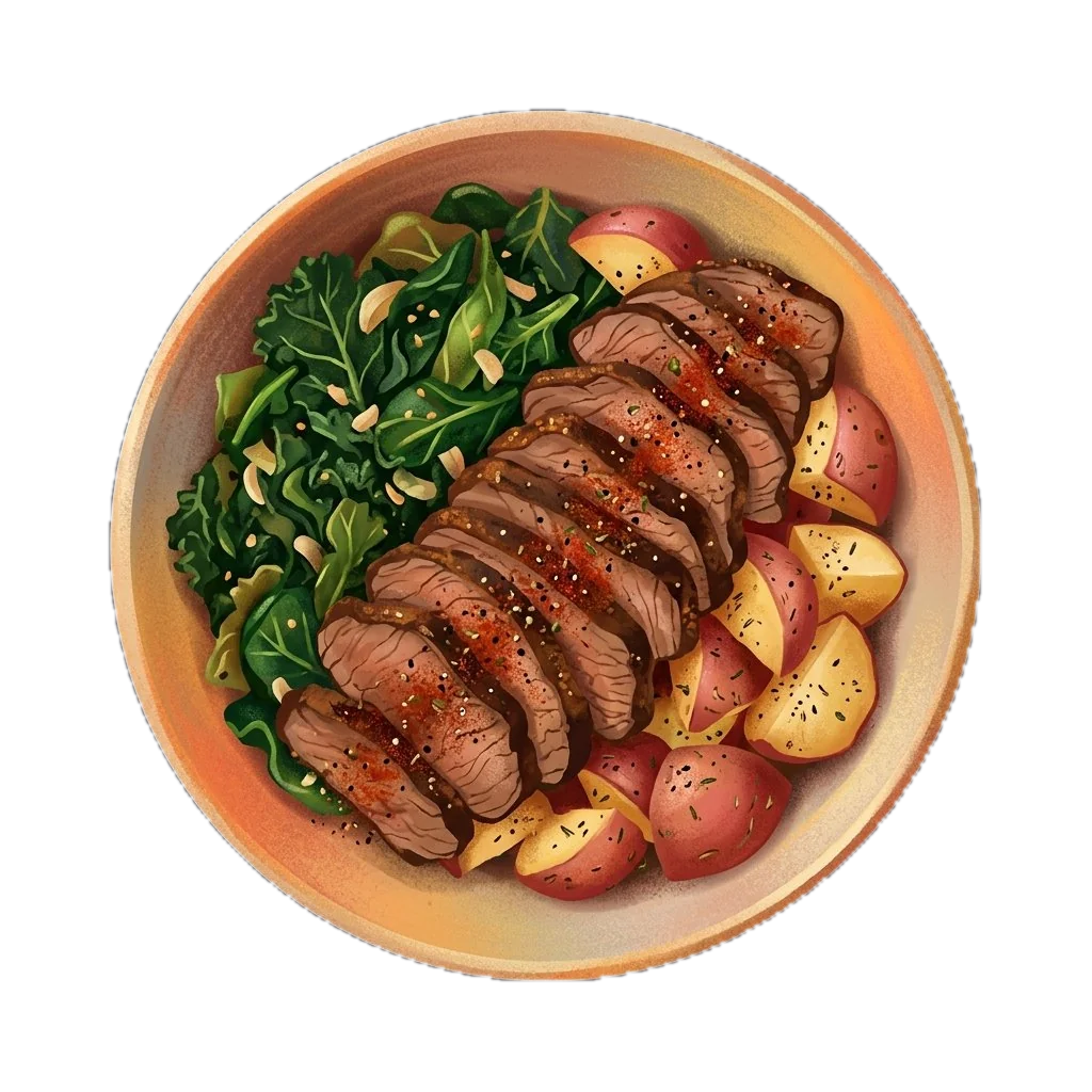 Black Skillet Beef with Greens and Red Potatoes