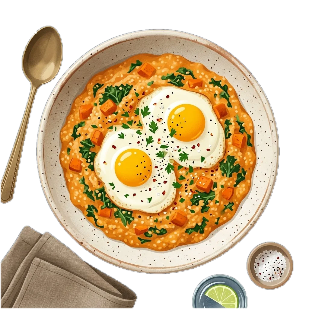 Baked Eggs over Sweet Potato and Kale Grits