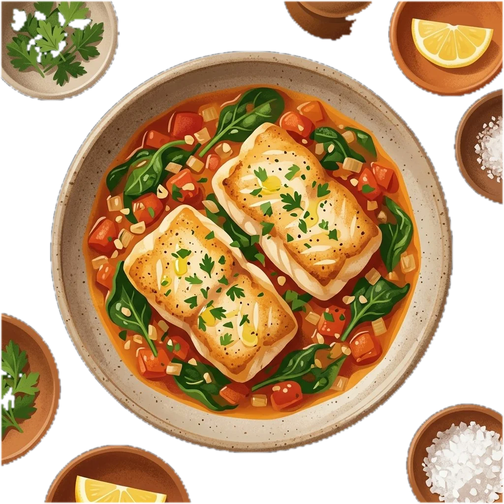 Pan-Seared Cod with Tomato and Spinach