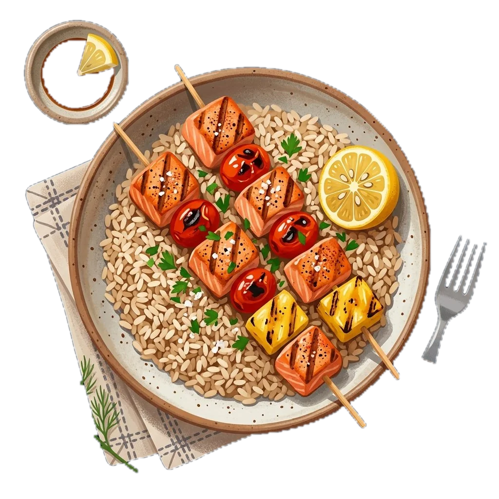 Hearty Salmon Skewers with Brown Rice