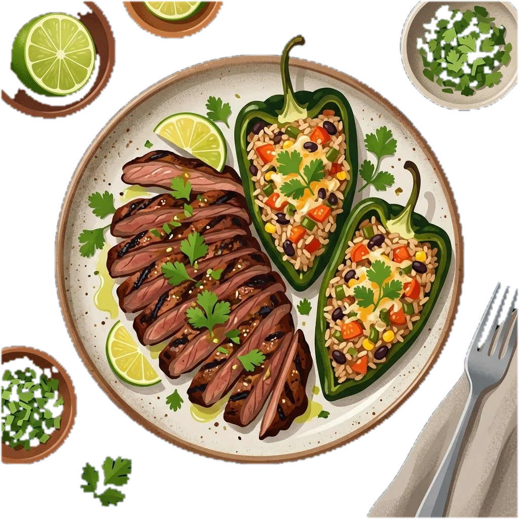 Lime-Marinated Flank Steak with Stuffed Poblano Peppers