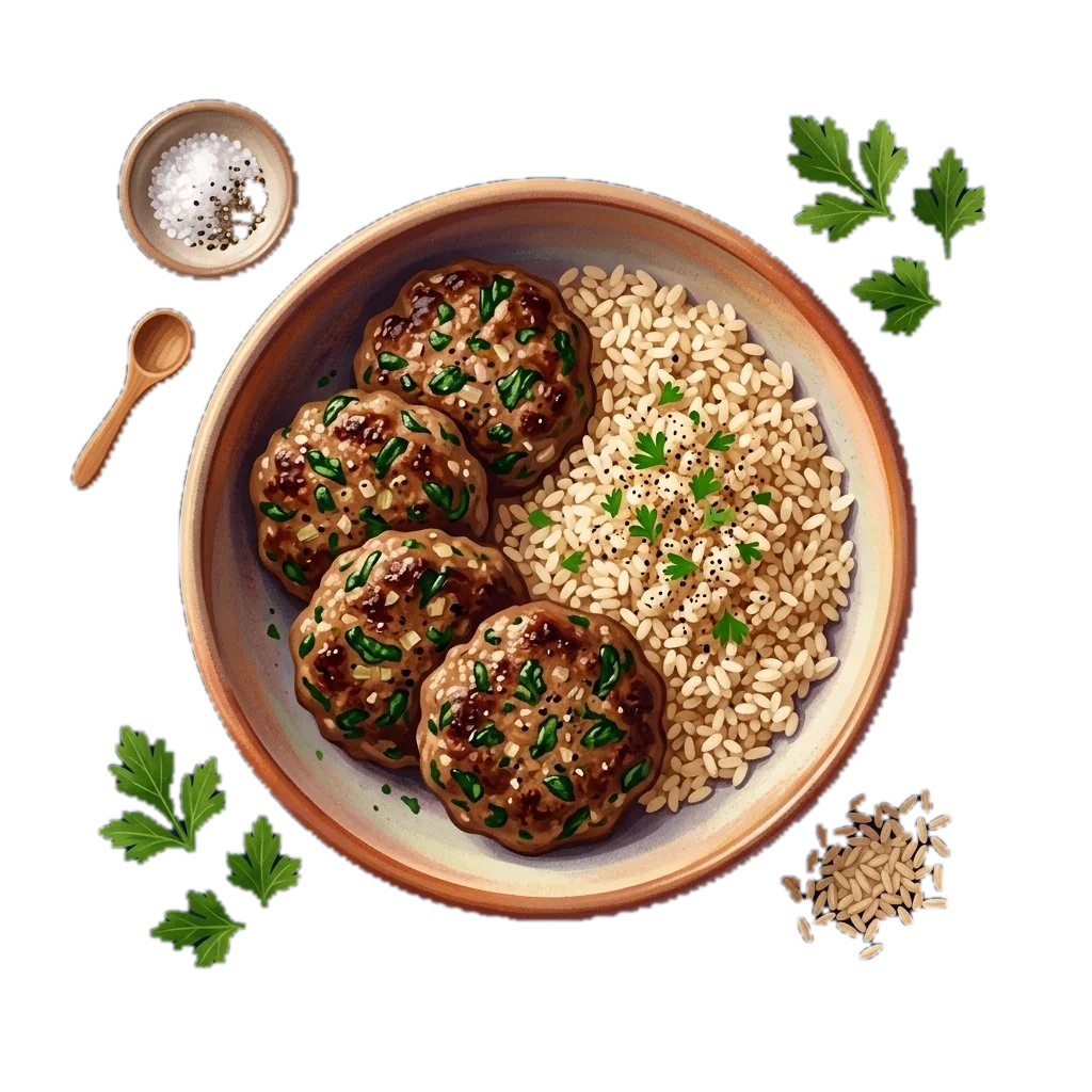 Spinach and Beef Patties with Brown Rice