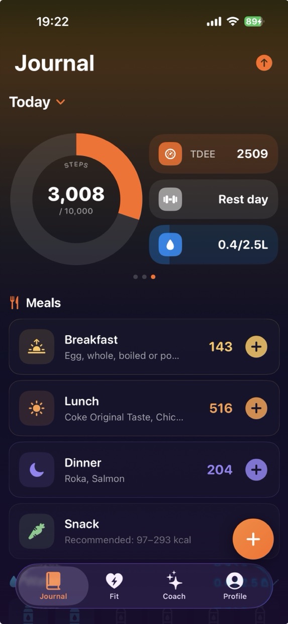 Journal with step ring, TDEE, water and meals grouped by breakfast, lunch and dinner