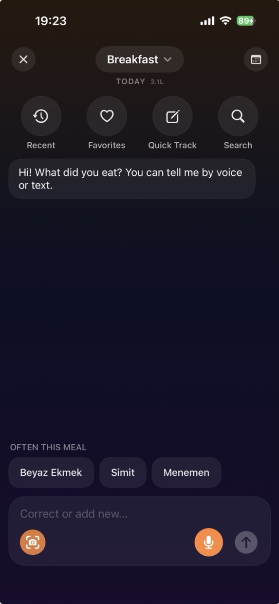 Adding a meal by voice, photo or text, with recents, favorites and quick track