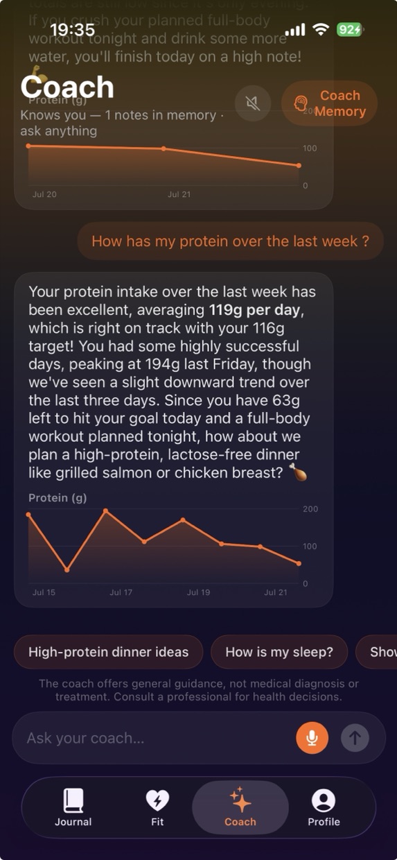 AI coach answering a question about the week's protein with a real chart of your own data