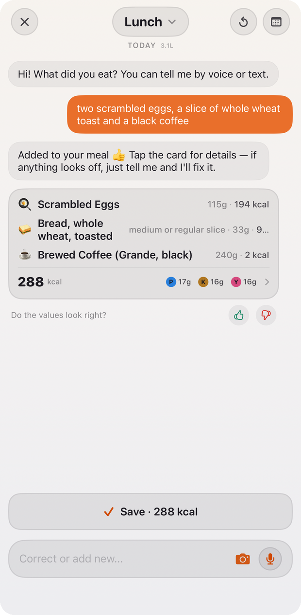 Photo logging with an AI meal card and a spoken correction