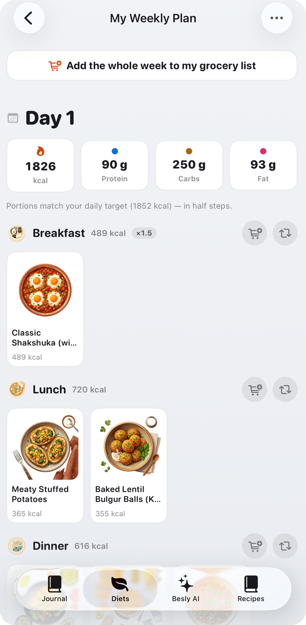 Weekly meal plan with portions matched to your target